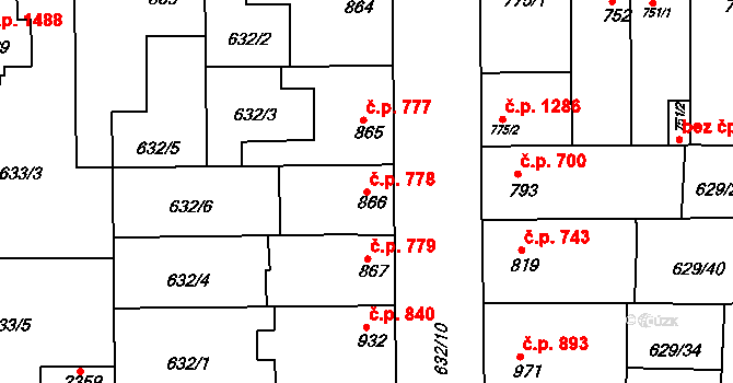 Lysá nad Labem 778 na parcele st. 866 v KÚ Lysá nad Labem, Katastrální mapa