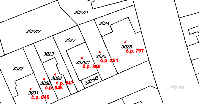 Černá Pole 851, Brno na parcele st. 3025 v KÚ Černá Pole, Katastrální mapa