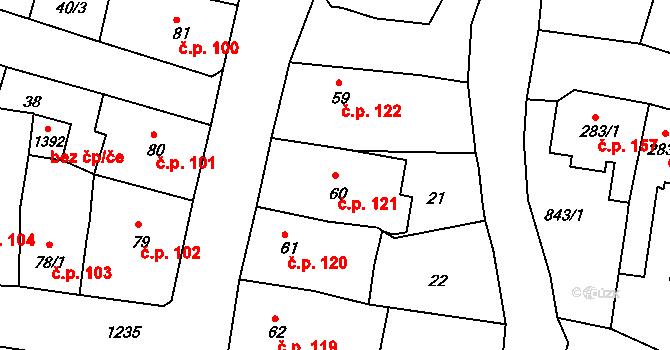 Benešov nad Ploučnicí 121 na parcele st. 60 v KÚ Benešov nad Ploučnicí, Katastrální mapa