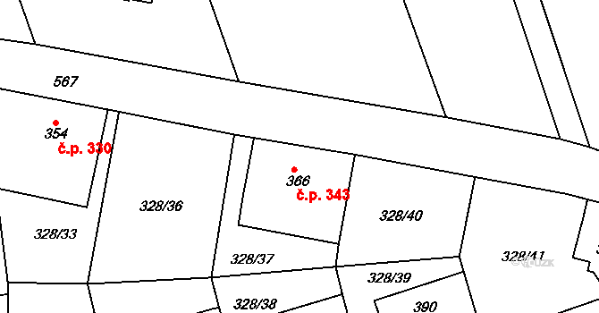 Dolní Poustevna 343 na parcele st. 366 v KÚ Dolní Poustevna, Katastrální mapa