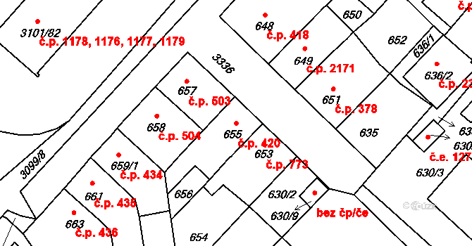 Pelhřimov 420 na parcele st. 655 v KÚ Pelhřimov, Katastrální mapa
