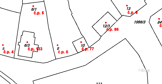 Měrunice 77 na parcele st. 10 v KÚ Měrunice, Katastrální mapa