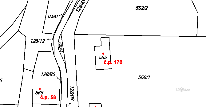 Chlebovice 170, Frýdek-Místek na parcele st. 555 v KÚ Chlebovice, Katastrální mapa