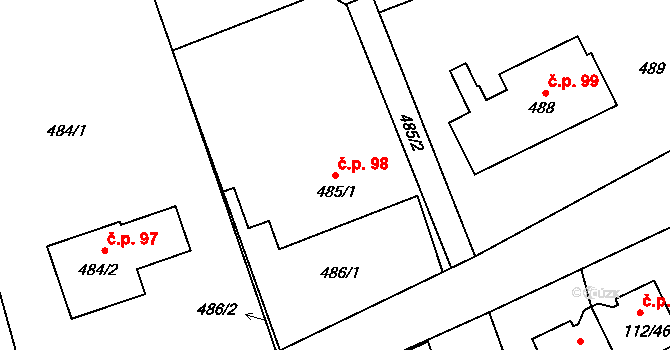 Lysůvky 98, Frýdek-Místek na parcele st. 485/1 v KÚ Lysůvky, Katastrální mapa