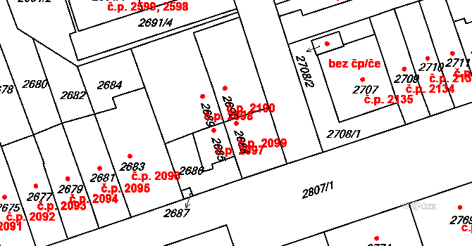 Žižkov 2099, Praha na parcele st. 2688 v KÚ Žižkov, Katastrální mapa