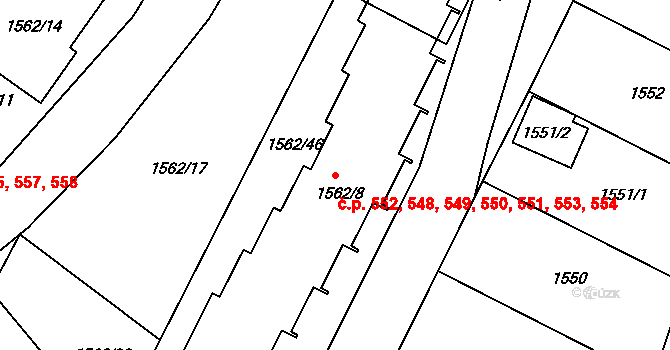 Hlubočepy 548,549,550,551,552,, Praha na parcele st. 1562/2 v KÚ Hlubočepy, Katastrální mapa