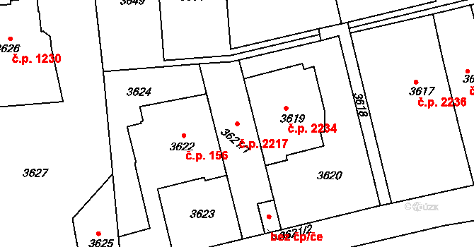 Smíchov 2217, Praha na parcele st. 3621/1 v KÚ Smíchov, Katastrální mapa