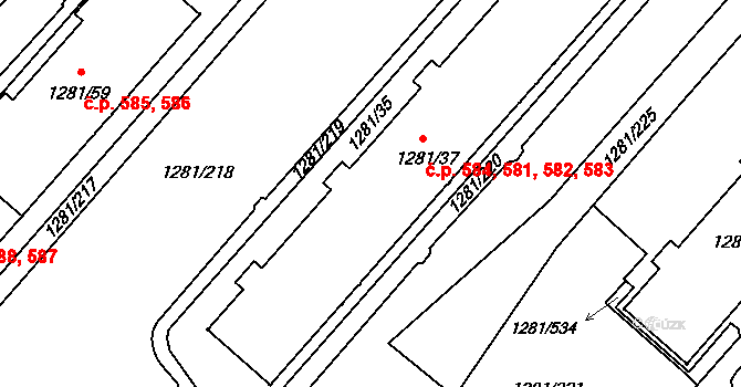 Vokovice 582, Praha na parcele st. 1281/37 v KÚ Vokovice, Katastrální mapa