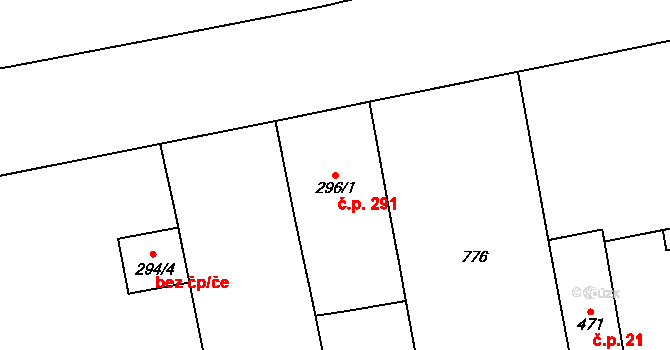 Karlín 291, Praha na parcele st. 296/1 v KÚ Karlín, Katastrální mapa