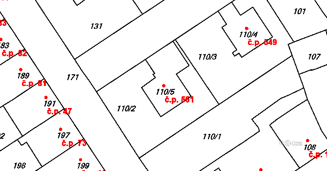Malešice 561, Praha na parcele st. 110/5 v KÚ Malešice, Katastrální mapa