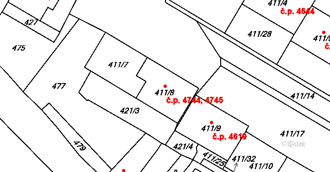 Chomutov 4744,4745 na parcele st. 411/7 v KÚ Chomutov I, Katastrální mapa