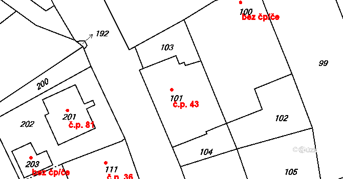 Jílové 43, Hodkovice nad Mohelkou na parcele st. 101 v KÚ Jílové u Hodkovic nad Mohelkou, Katastrální mapa