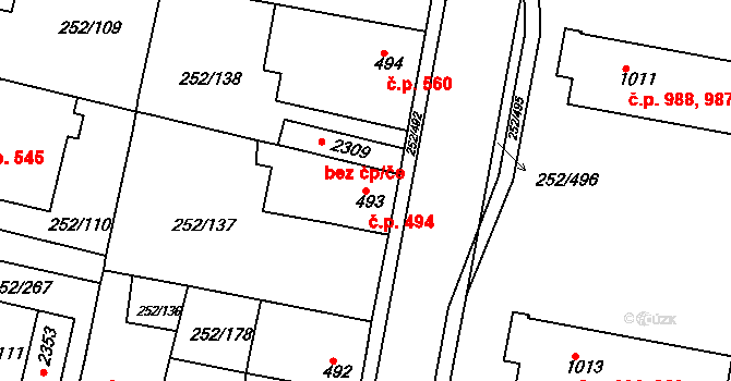 Rosice 494 na parcele st. 493 v KÚ Rosice u Brna, Katastrální mapa