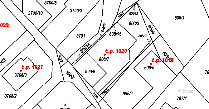 Fryštát 1020, Karviná na parcele st. 808/7 v KÚ Karviná-město, Katastrální mapa