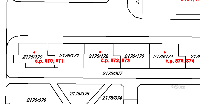 Skvrňany 872,873, Plzeň na parcele st. 2176/173 v KÚ Skvrňany, Katastrální mapa