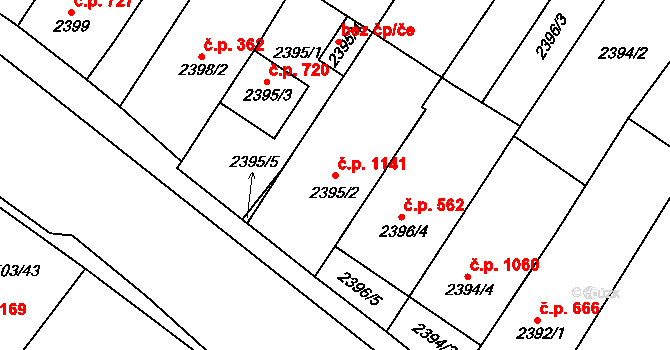 Mutěnice 1141 na parcele st. 2395/2 v KÚ Mutěnice, Katastrální mapa