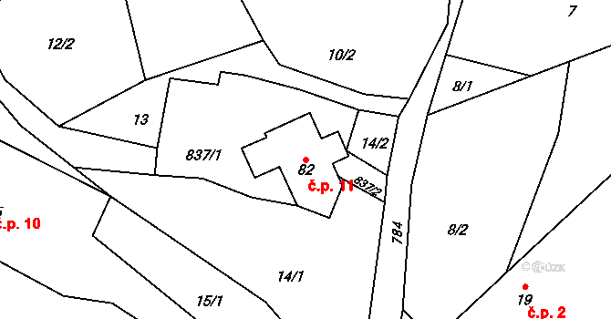 Píšť 11 na parcele st. 82 v KÚ Píšť u Humpolce, Katastrální mapa