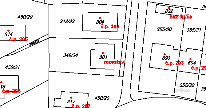 Rybitví 302 na parcele st. 801 v KÚ Rybitví, Katastrální mapa