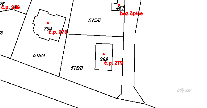 Tetín 279 na parcele st. 389 v KÚ Tetín u Berouna, Katastrální mapa