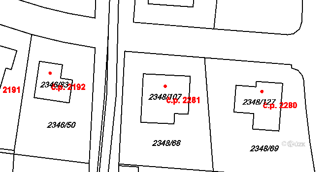 Pelhřimov 2281 na parcele st. 2348/107 v KÚ Pelhřimov, Katastrální mapa