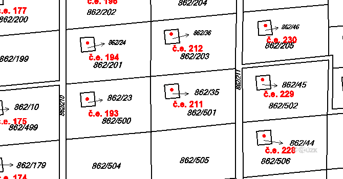 Slavonín 211, Olomouc na parcele st. 862/35 v KÚ Slavonín, Katastrální mapa