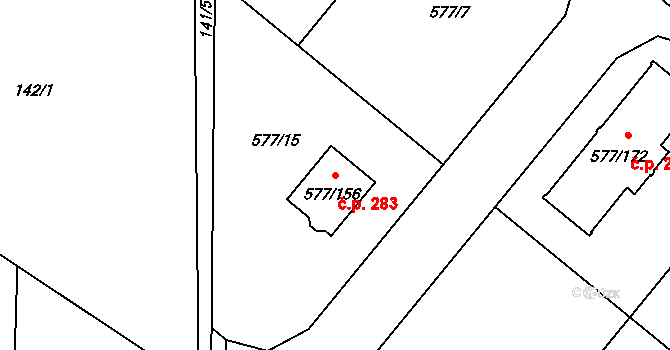 Stehelčeves 283 na parcele st. 577/156 v KÚ Stehelčeves, Katastrální mapa