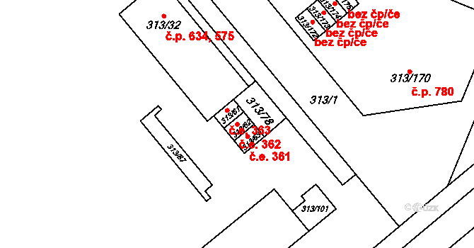 Vyškov-Předměstí 362, Vyškov na parcele st. 313/62 v KÚ Vyškov, Katastrální mapa