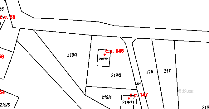 Kozlany 146 na parcele st. 219/10 v KÚ Kozlany, Katastrální mapa