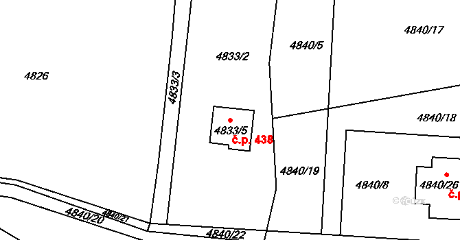 Lískovec 438, Frýdek-Místek na parcele st. 4833/5 v KÚ Lískovec u Frýdku-Místku, Katastrální mapa