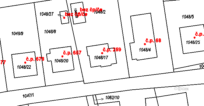 Hrabová 259, Ostrava na parcele st. 1048/17 v KÚ Hrabová, Katastrální mapa