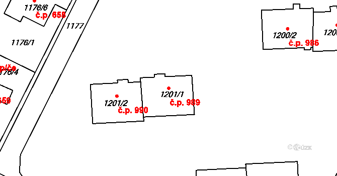 Bystřice nad Pernštejnem 989,990 na parcele st. 1201/1 v KÚ Bystřice nad Pernštejnem, Katastrální mapa