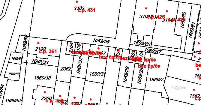 Třebíč 38360721 na parcele st. 3107 v KÚ Třebíč, Katastrální mapa