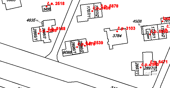 Zlín 2539 na parcele st. 2896/2 v KÚ Zlín, Katastrální mapa