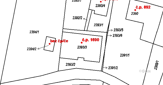 Kunovice 1690 na parcele st. 2393/3 v KÚ Kunovice u Uherského Hradiště, Katastrální mapa