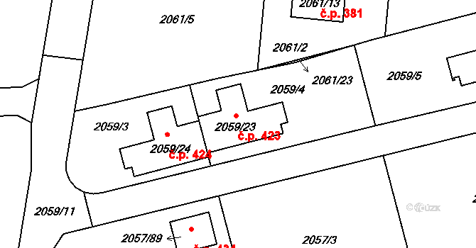 Strkov 423, Planá nad Lužnicí na parcele st. 2059/23 v KÚ Planá nad Lužnicí, Katastrální mapa