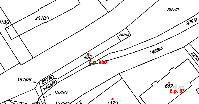 Hanušovice 360 na parcele st. 408 v KÚ Hanušovice, Katastrální mapa