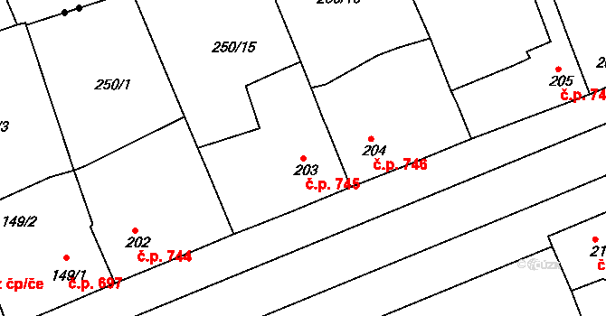 Rudná 745 na parcele st. 203 v KÚ Hořelice, Katastrální mapa