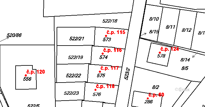 Trhanov 116 na parcele st. 574 v KÚ Trhanov, Katastrální mapa