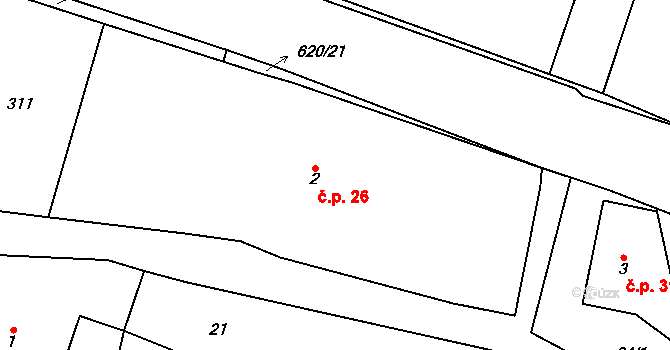 Kocourov 26, Mochtín na parcele st. 2 v KÚ Kocourov, Katastrální mapa