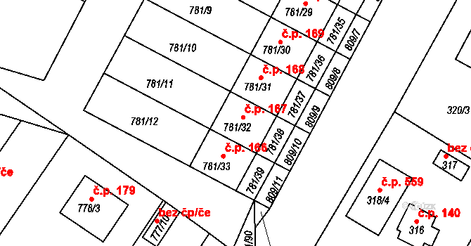 Lhota 167, Plzeň na parcele st. 781/32 v KÚ Lhota u Dobřan, Katastrální mapa