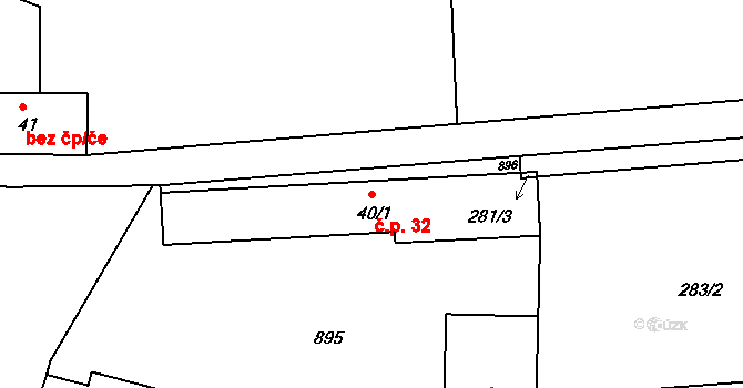 Břehy 32 na parcele st. 40/1 v KÚ Břehy, Katastrální mapa