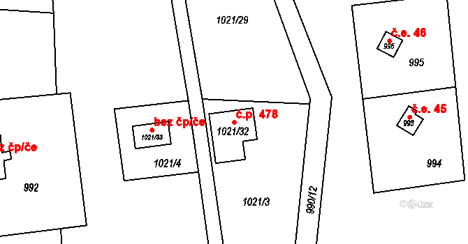 Zádveřice 478, Zádveřice-Raková na parcele st. 1021/32 v KÚ Zádveřice, Katastrální mapa