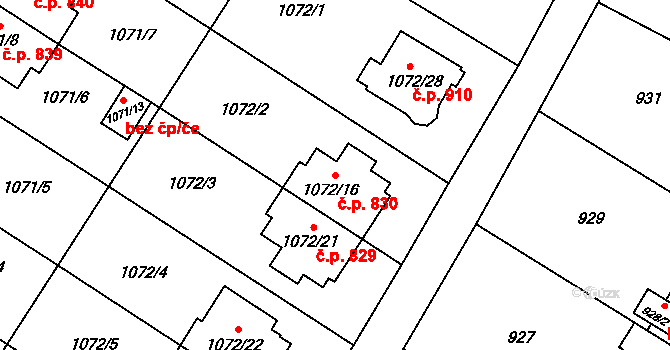 Studénka 830 na parcele st. 1072/16 v KÚ Studénka nad Odrou, Katastrální mapa