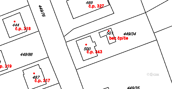 Merklín 343 na parcele st. 500 v KÚ Merklín u Přeštic, Katastrální mapa
