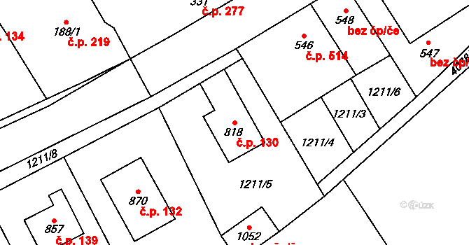 Kryry 130 na parcele st. 818 v KÚ Kryry, Katastrální mapa