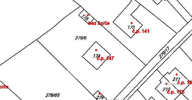 Měcholupy 147 na parcele st. 174 v KÚ Měcholupy u Žatce, Katastrální mapa