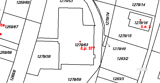 Dobruška 377 na parcele st. 1279/63 v KÚ Dobruška, Katastrální mapa