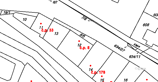 Rychlov 8, Bystřice pod Hostýnem na parcele st. 12 v KÚ Rychlov u Bystřice pod Hostýnem, Katastrální mapa
