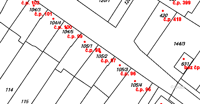 Smržice 97 na parcele st. 105/2 v KÚ Smržice, Katastrální mapa