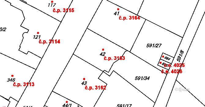 Jihlava 3163 na parcele st. 42 v KÚ Bedřichov u Jihlavy, Katastrální mapa